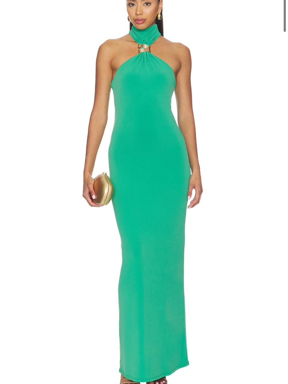 Green Halter Maxi Dress with Gold Neck Detail